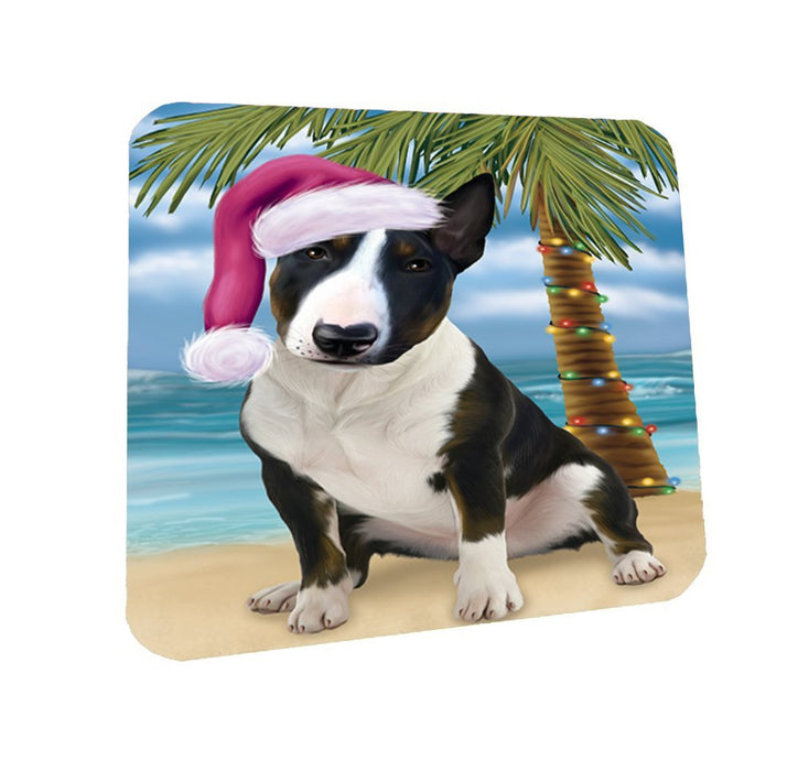 Summertime Happy Holidays Christmas Bull Terrier Dog on Tropical Island Beach Coasters Set of 4