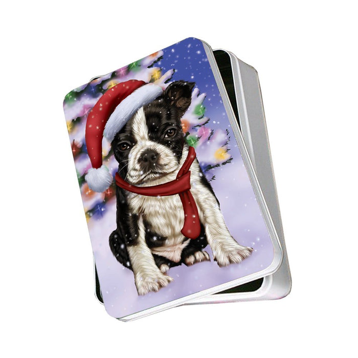 Winterland Wonderland Boston Dog In Christmas Holiday Scenic Background Photo Storage Tin