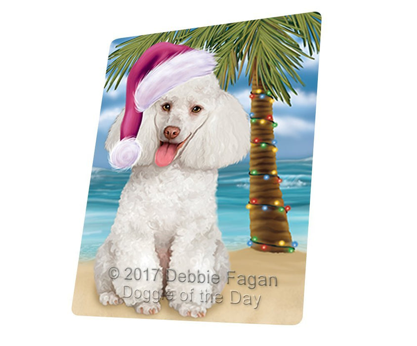 Summertime Happy Holidays Christmas White Poodle Dog on Tropical Island Beach Tempered Cutting Board D147