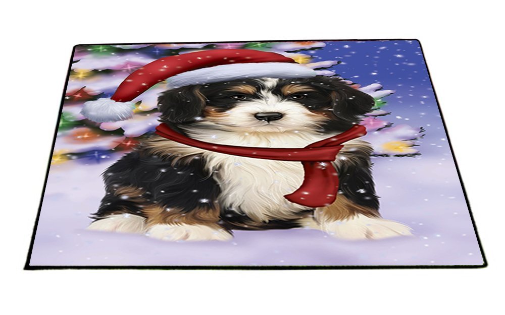 Winterland Wonderland Bernedoodle Puppy Dog In Christmas Holiday Scenic Background Indoor/Outdoor Floormat