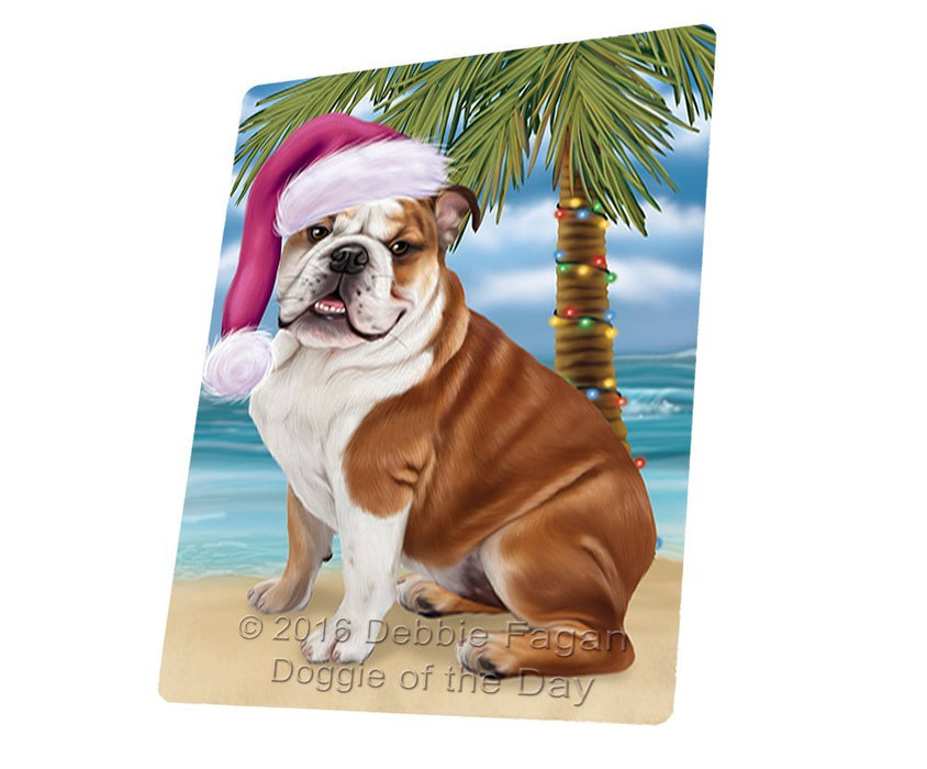 Summertime Happy Holidays Christmas Bulldog Dog on Tropical Island Beach Tempered Cutting Board