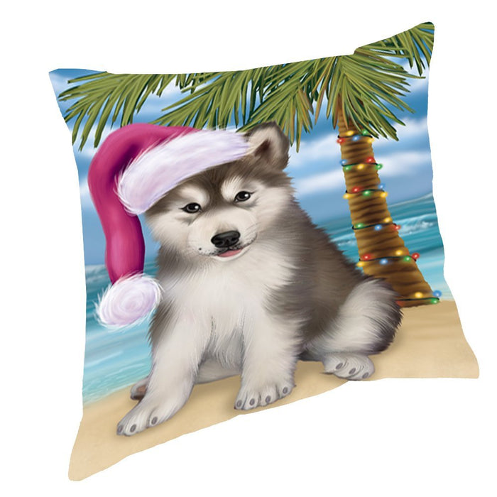 Summertime Christmas Happy Holidays Alaskan Malamute Puppy on Beach Throw Pillow PIL1364