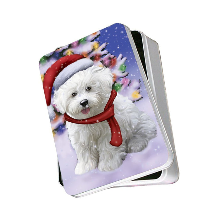 Winterland Wonderland Bichon Dog In Christmas Holiday Scenic Background Photo Storage Tin