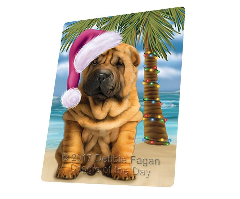 Summertime Happy Holidays Christmas Shar Pei Puppy Dog on Tropical Island Beach Tempered Cutting Board D138
