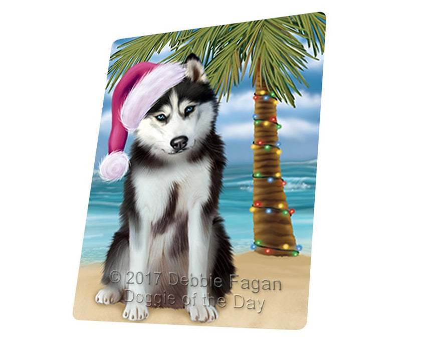 Summertime Happy Holidays Christmas Husky Dog on Tropical Island Beach Tempered Cutting Board D131