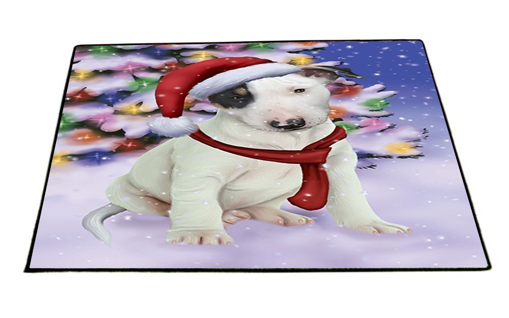 Winterland Wonderland Bull Terrier Puppy Dog In Christmas Holiday Scenic Background Indoor/Outdoor Floormat