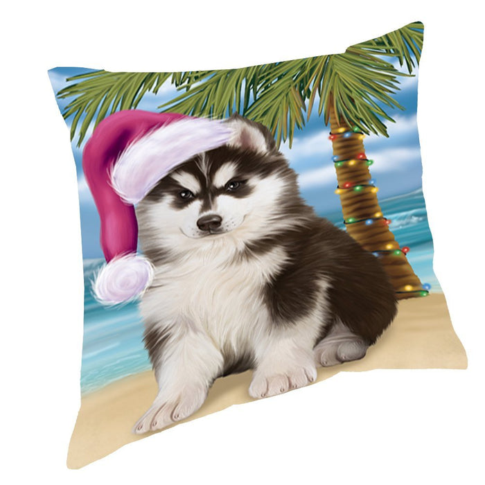 Summertime Happy Holidays Christmas Siberian Husky Dog on Tropical Island Beach Throw Pillow