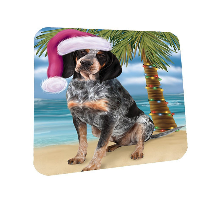 Summertime Happy Holidays Christmas Bluetick Coonhound Dog on Tropical Island Beach Coasters Set of 4