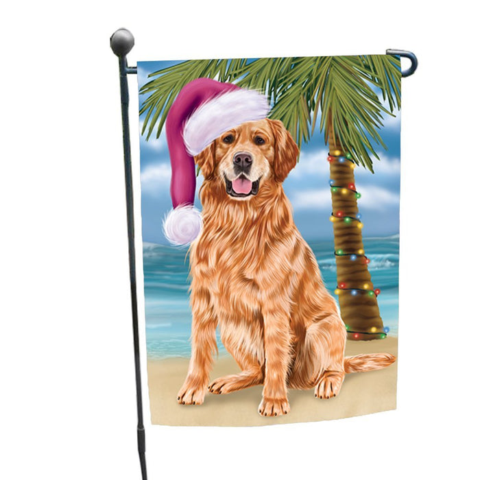 Summertime Happy Holidays Christmas Golden Retrievers Dog on Tropical Island Beach Garden Flag