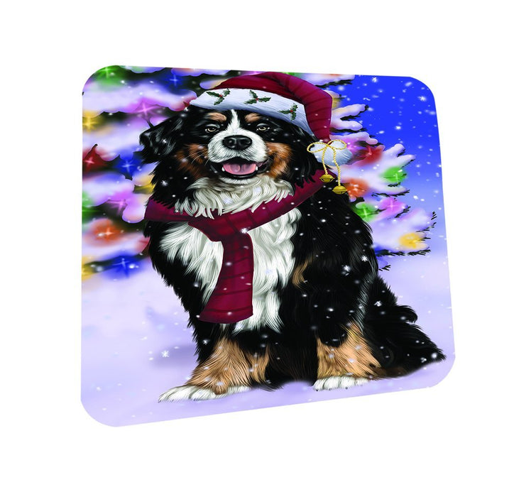 Winterland Wonderland Bernese Mountain Dog In Christmas Holiday Scenic Background Coasters Set of 4