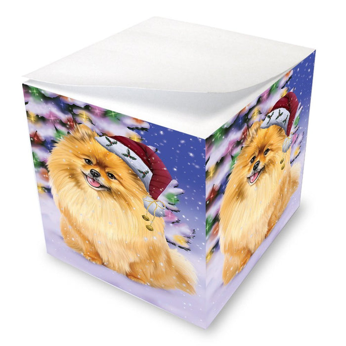 Winterland Wonderland Pomeranians Dog In Christmas Holiday Scenic Background Note Cube D597
