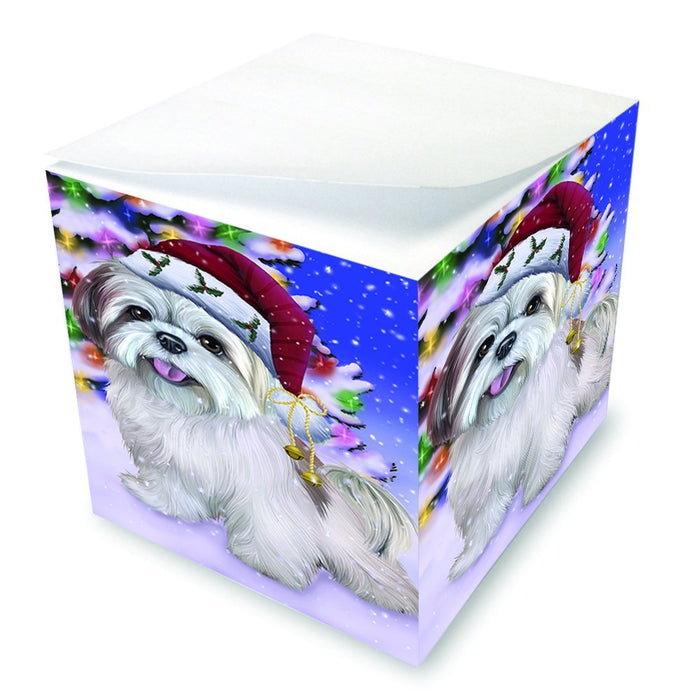 Winterland Wonderland Lhasa Apso Dog In Christmas Holiday Scenic Background Note Cube