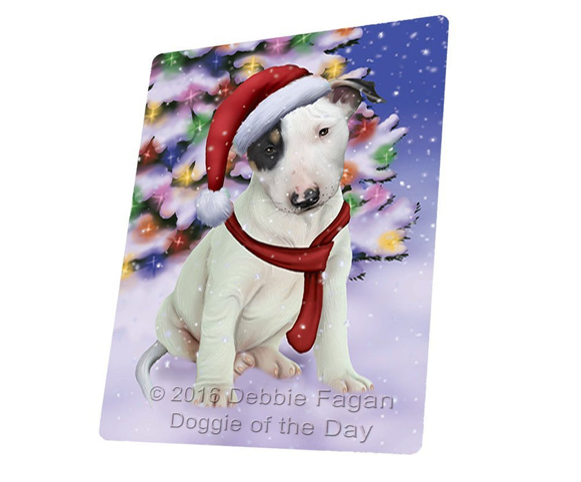 Winterland Wonderland Bull Terrier Puppy Dog In Christmas Holiday Scenic Background Tempered Cutting Board