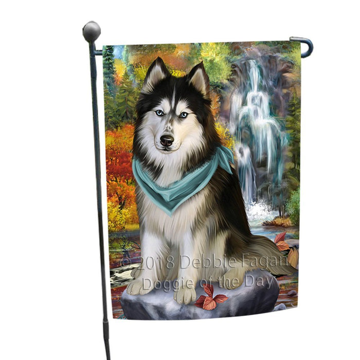 Scenic Waterfall Siberian Husky Dog Garden Flag GFLG49352
