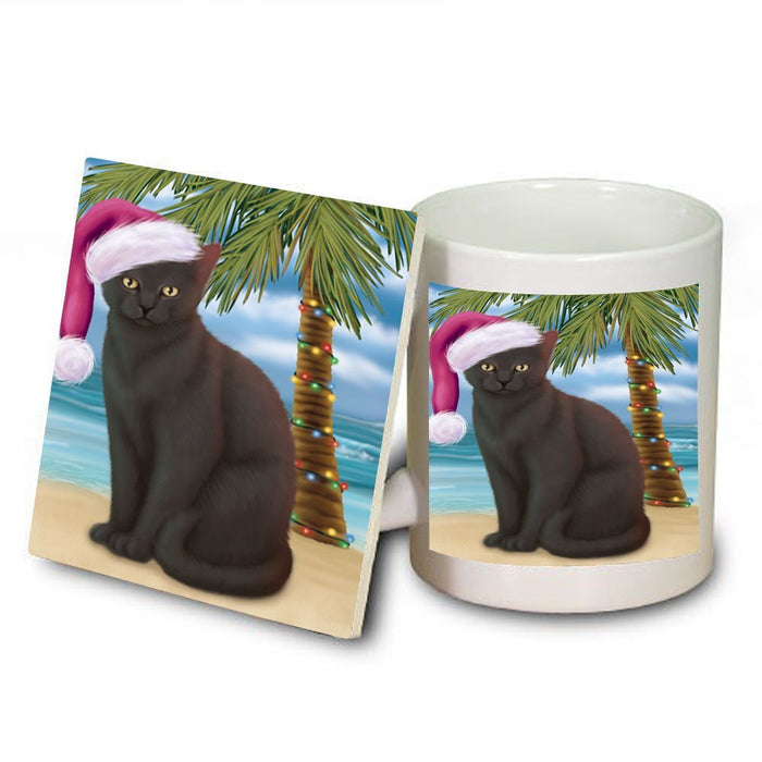 Summertime Black Cat on Beach Christmas Mug and Coaster Set MUC0740