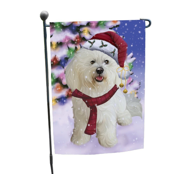 Winterland Wonderland Bichon Dog In Christmas Holiday Scenic Background Garden Flag