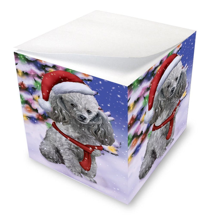 Winterland Wonderland Poodles Puppy Dog In Christmas Holiday Scenic Background Note Cube D600