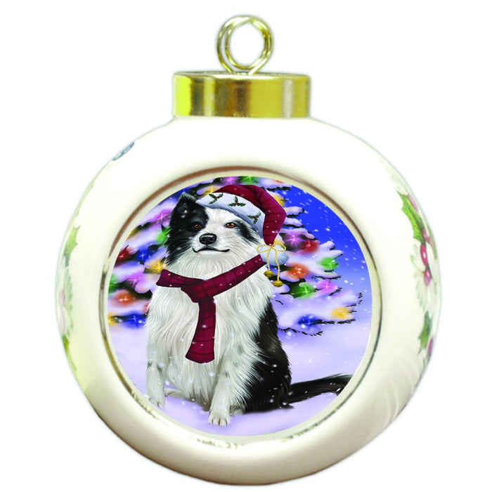 Winterland Wonderland Border Collies Dog In Christmas Holiday Scenic Background Round Ball Ornament D553