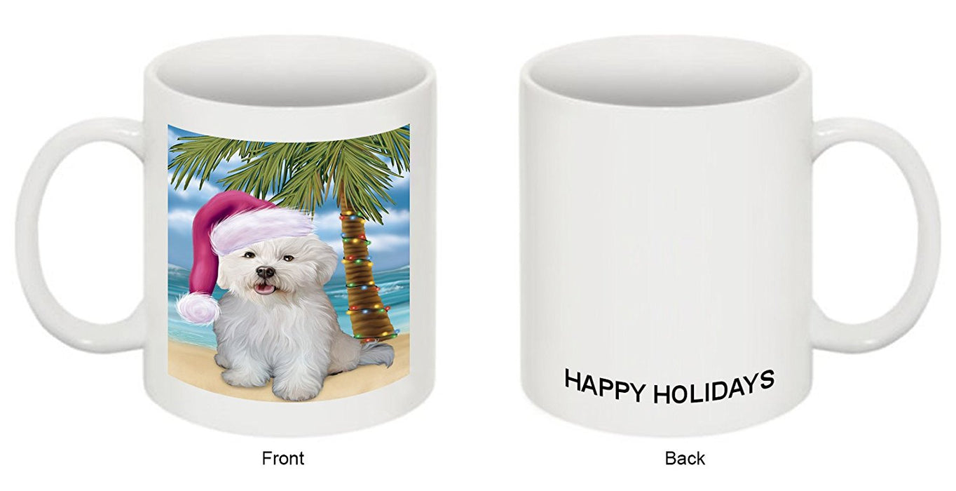 Summertime Happy Holidays Christmas Bichon Frise Dog on Tropical Island Beach Mug