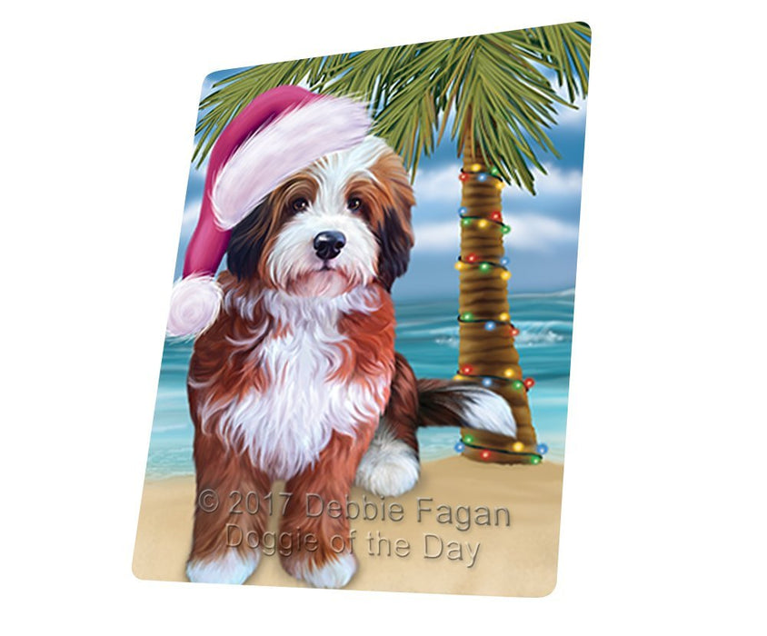 Summertime Happy Holidays Christmas Bernedoodle Dog on Tropical Island Beach Large Refrigerator / Dishwasher Magnet D156