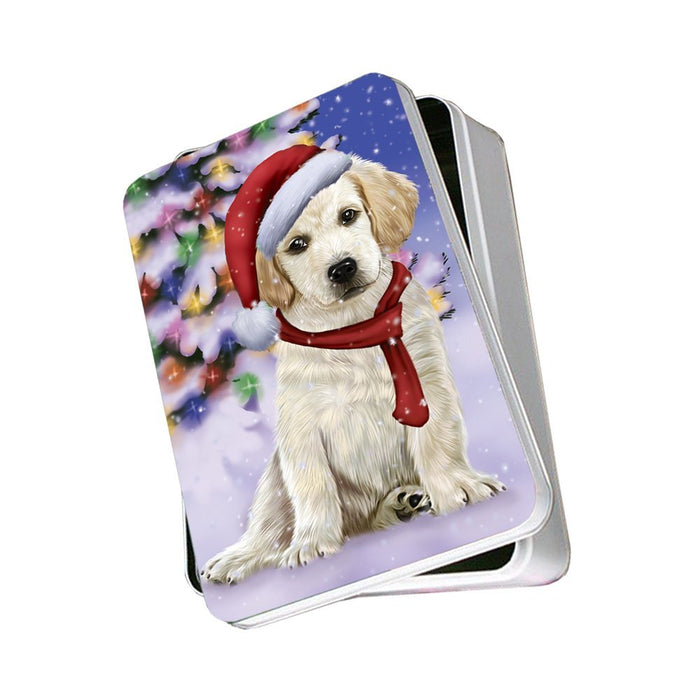 Winterland Wonderland Labrador Dog In Christmas Holiday Scenic Background Photo Storage Tin