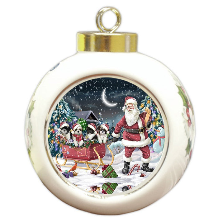 Santa Sled Dogs Shih Tzu Christmas Round Ball Ornament POR972