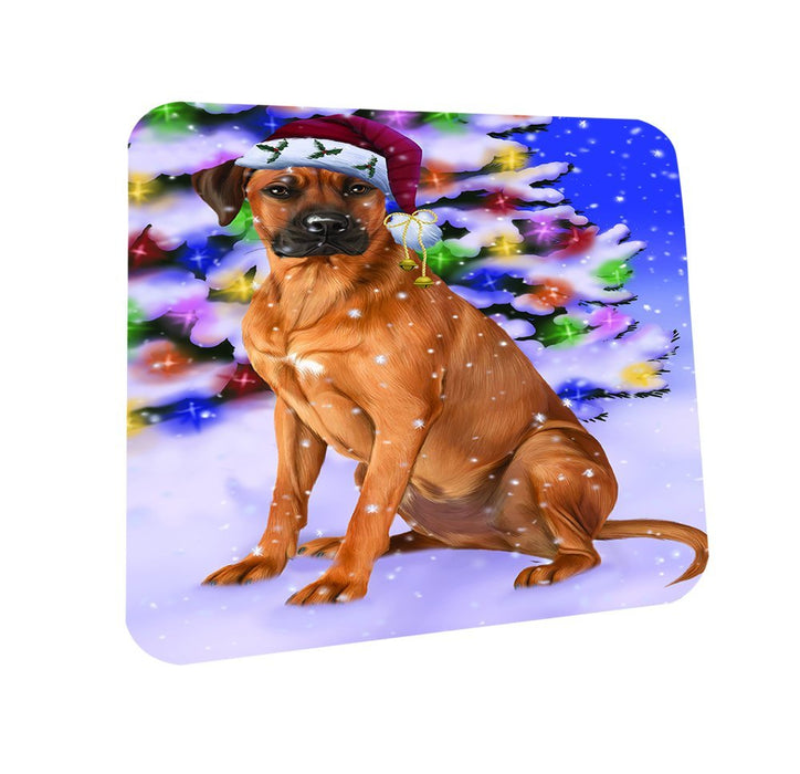 Winterland Wonderland Rhodesian Ridgebacks Dog In Christmas Holiday Scenic Background Coasters Set of 4