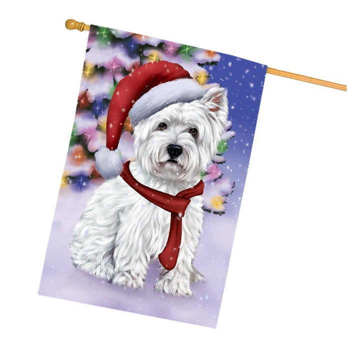 Winterland Wonderland West Highland Terriers Puppy Dog In Christmas Holiday Scenic Background House Flag