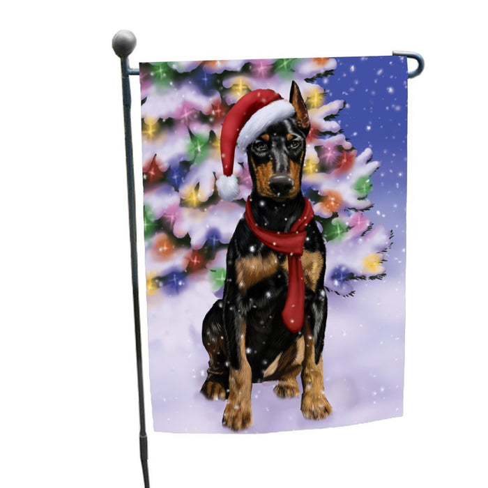 Winterland Wonderland Doberman Dog In Christmas Holiday Scenic Background Garden Flag