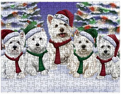 West Highland Terriers Dog Christmas Family Portrait in Holiday Scenic Background Puzzle with Photo Tin