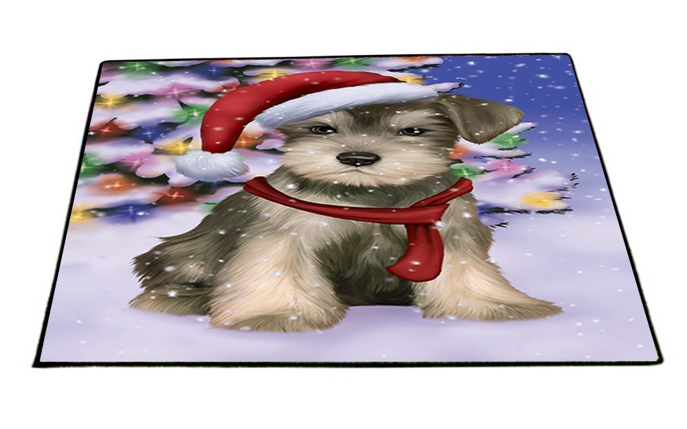 Winterland Wonderland Schnauzers Puppy Dog In Christmas Holiday Scenic Background Indoor/Outdoor Floormat