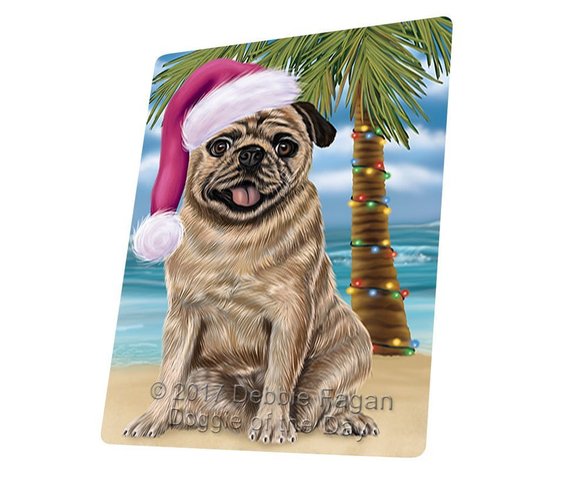 Summertime Happy Holidays Christmas Pugs Dog on Tropical Island Beach Tempered Cutting Board