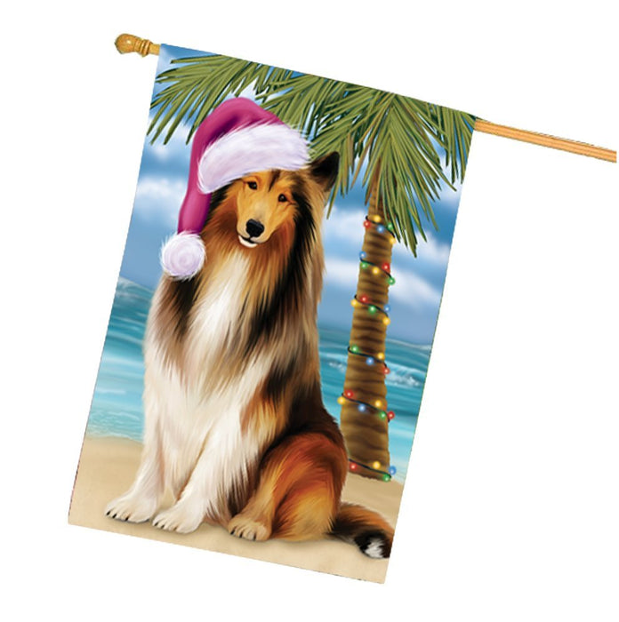 Summertime Christmas Happy Holidays Rough Collie Dog on Beach House Flag HFLG342