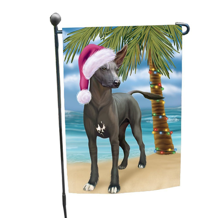 Summertime Christmas Happy Holidays Xoloitzcuintli Mexican Hairless Dog on Beach Garden Flag FLG346