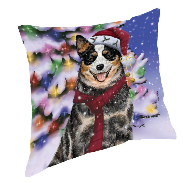 Winterland Wonderland Australian Cattle Dog In Christmas Holiday Scenic Background Throw Pillow