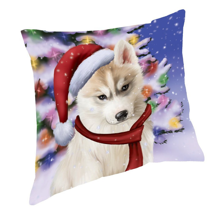 Winterland Wonderland Siberian Huskies Dog In Christmas Holiday Scenic Background Throw Pillow