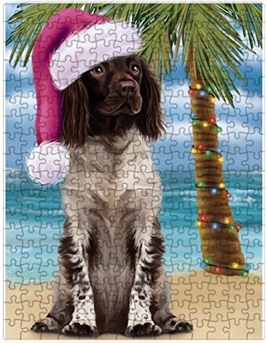 Summertime Happy Holidays Christmas Munsterlander Dog on Tropical Island Beach Puzzle with Photo Tin