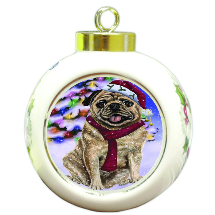 Winterland Wonderland Pug Dog In Christmas Holiday Scenic Background Round Ball Ornament D577