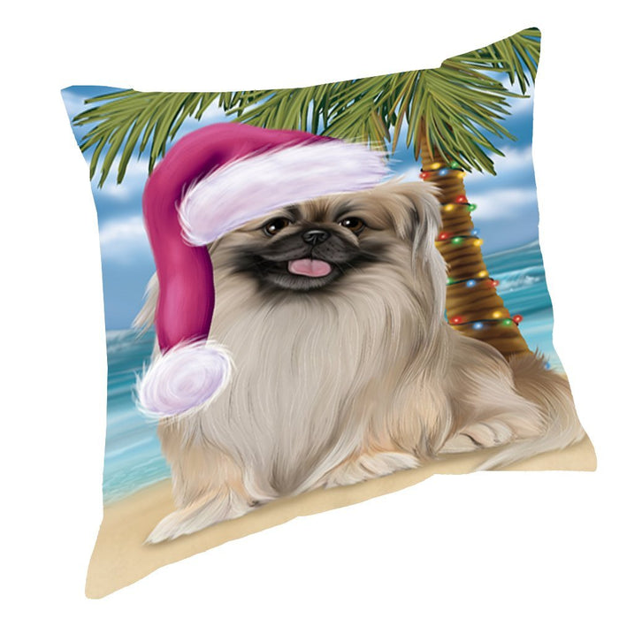 Summertime Happy Holidays Christmas Pekingese Dog on Tropical Island Beach Throw Pillow