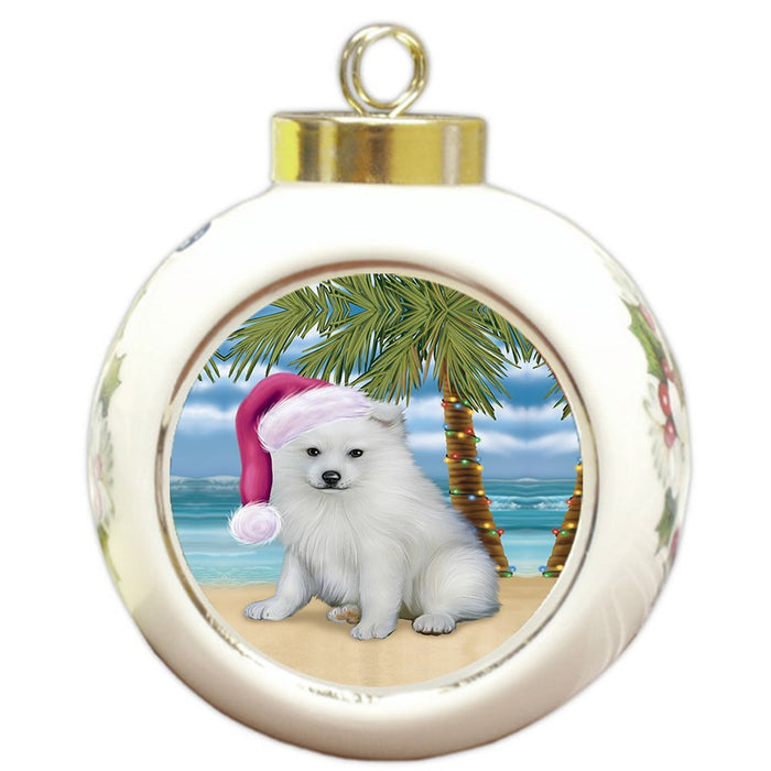 Summertime American Eskimo Puppy on Beach Christmas Round Ball Ornament POR1022