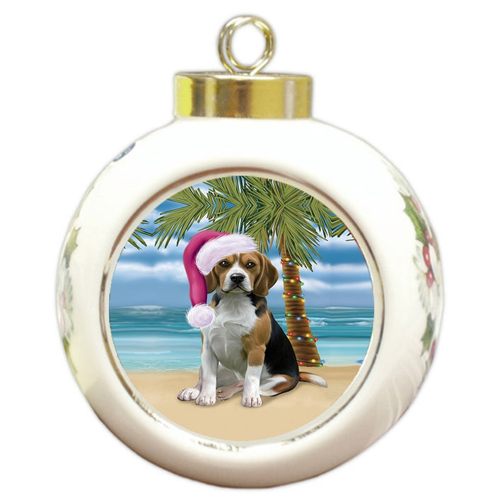 Summertime Happy Holidays Christmas Beagles Dog on Tropical Island Beach Round Ball Ornament