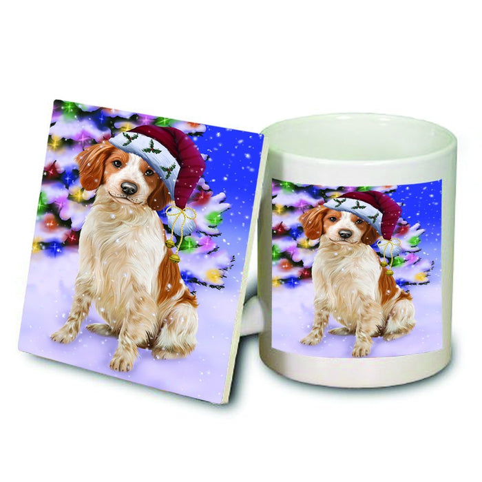Winterland Wonderland Brittany Spaniel Dog In Christmas Holiday Scenic Background Mug and Coaster Set