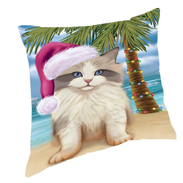 Summertime Christmas Happy Holidays Ragdoll Kitten on Beach Throw Pillow PIL1592