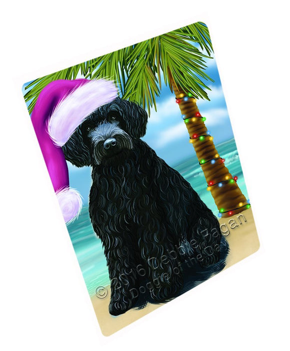 Summertime Happy Holidays Christmas Barbets Dog on Tropical Island Beach Tempered Cutting Board (Small)