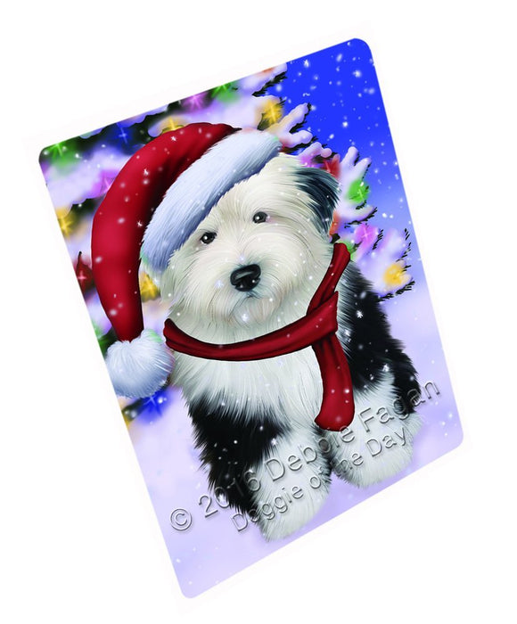 Winterland Wonderland Old English Sheepdog Dog In Christmas Holiday Scenic Background Tempered Cutting Board