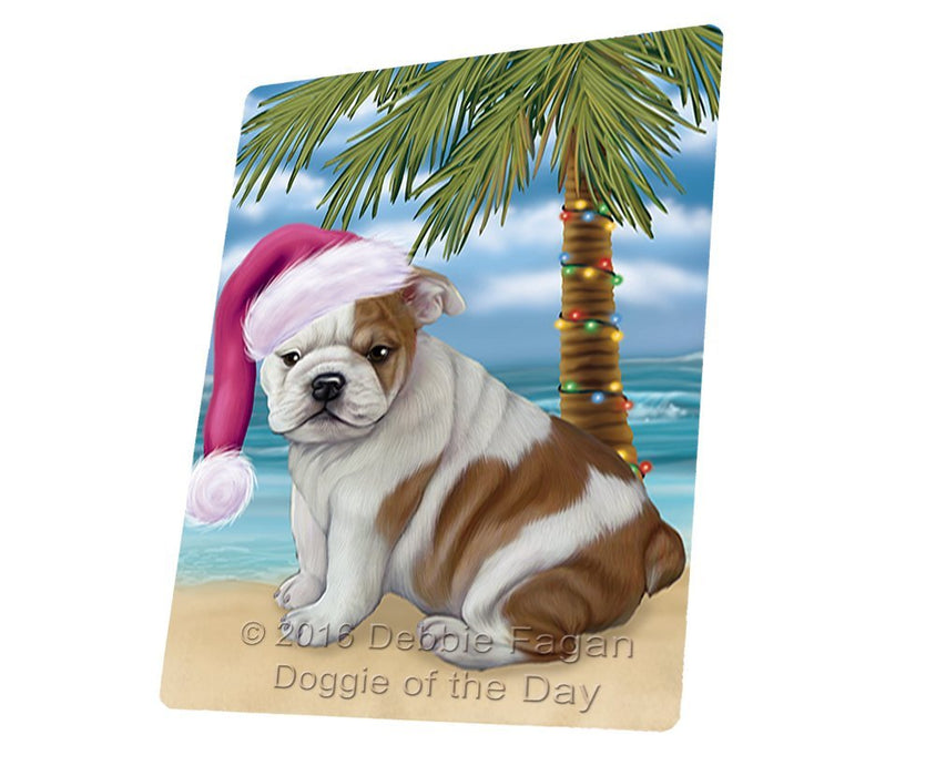 Summertime Happy Holidays Christmas Bulldog Dog on Tropical Island Beach Tempered Cutting Board