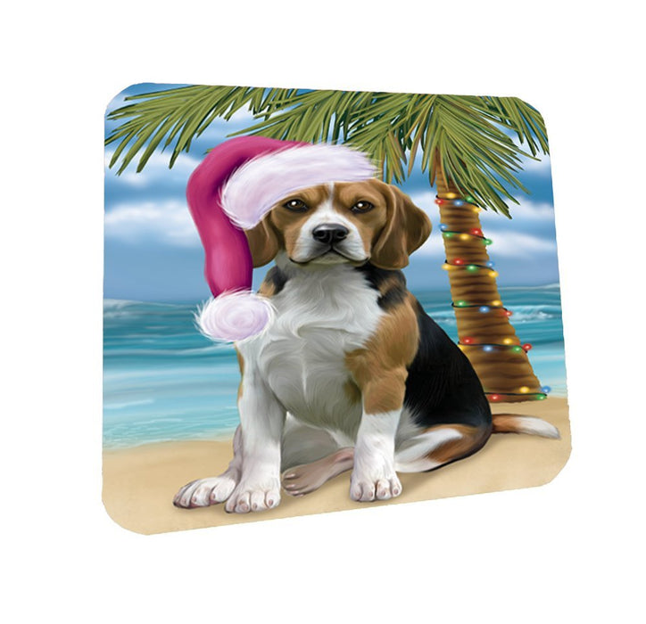 Summertime Happy Holidays Christmas Beagles Dog on Tropical Island Beach Coasters Set of 4