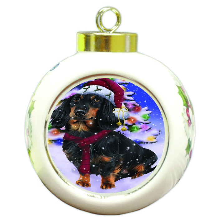 Winterland Wonderland Dachshunds Dog In Christmas Holiday Scenic Background Round Ball Ornament D561
