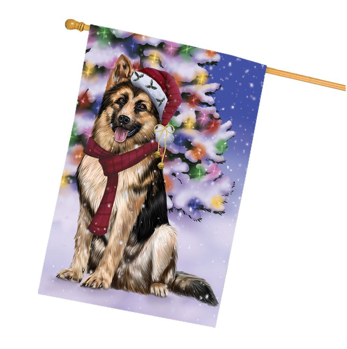 Winterland Wonderland German Shepherds Dog In Christmas Holiday Scenic Background House Flag