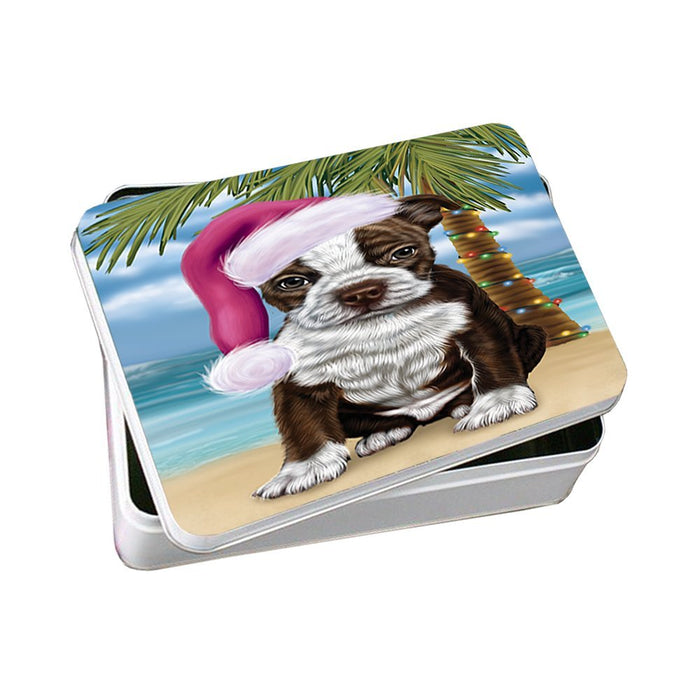 Summertime Happy Holidays Christmas Boston Terriers Dog on Tropical Island Beach Photo Storage Tin